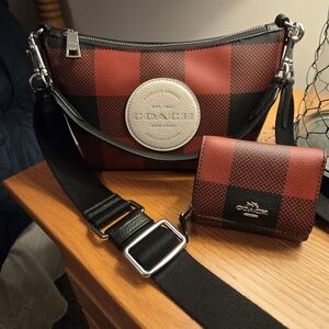 Coach Red and Black Plaid Crossbody Bag and Wallet Set